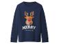 T-shirt bleu marine à manches longues avec une tête de renne et le texte « MERRY CHRISTMAS ».