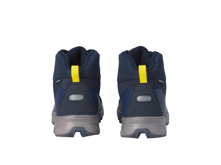 Deux chaussures de randonnée bleu foncé avec des accents jaunes.