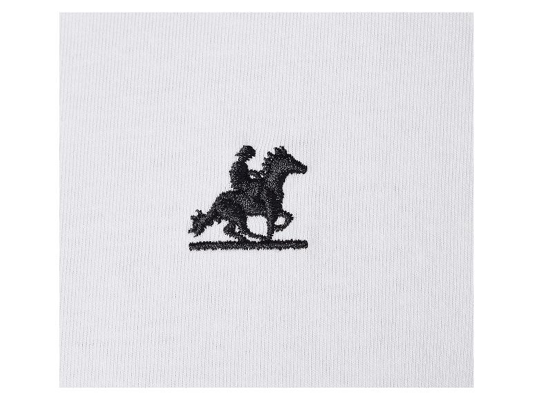Cheval et cavalier brodés sur textile blanc.