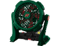 Ventilateur d'atelier vert et rouge avec base noire et détails rouges.