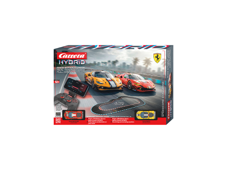 Circuit de course Carrera Hybrid Speedcore Challenge avec deux voitures Ferrari télécommandées.