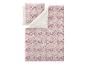 Parure de lit avec motif floral dans les tons roses et blancs.