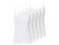 Cinq débardeurs blancs à fines bretelles, empilés en diagonale.