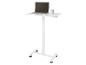Bureau debout mobile blanc avec ordinateur portable et tasse.