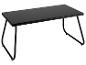 Une table en verre noir avec des pieds en métal.