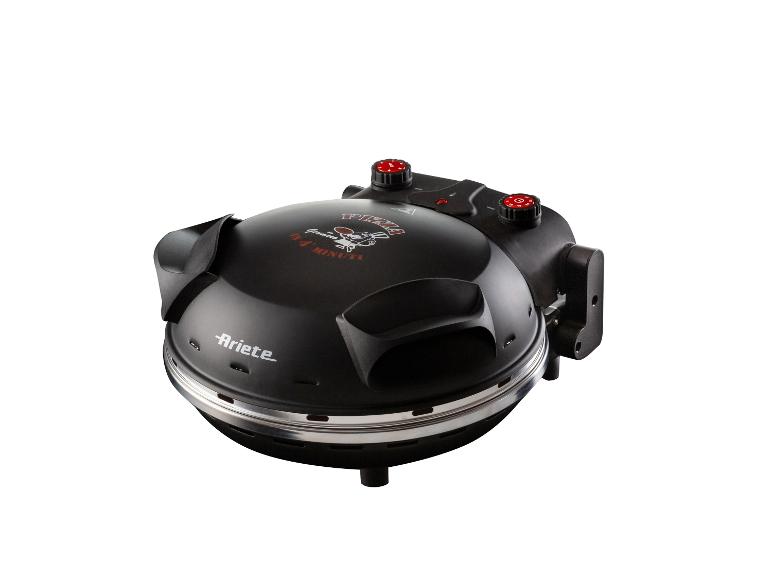 Four à pizza noir avec cadrans rouges et texte