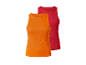 Deux débardeurs côtelés, un orange et un rouge rosé.