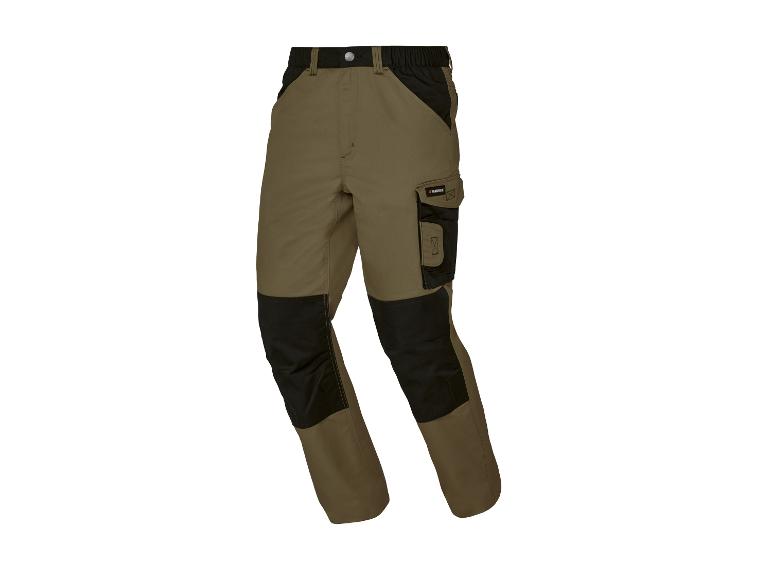 Pantalon de travail Parkside vert olive et noir avec plusieurs poches et genoux renforcés.