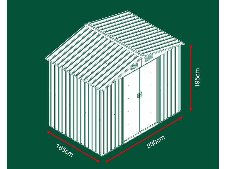 Abri de jardin métallique avec toit en pente et dimensions 165x230x195cm.