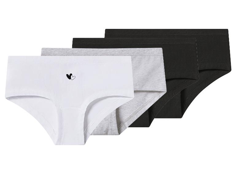 Lot de trois culottes en coton blanches, grises et noires, avec un cœur brodé sur la blanche.