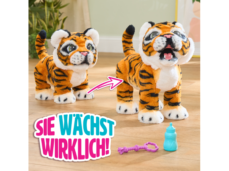Bébé tigre interactif en peluche qui grandit, avec biberon et jouet.
