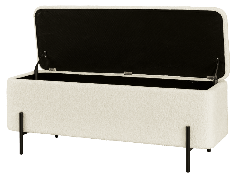 Banc de rangement sherpa blanc avec couvercle ouvert et pieds noirs.