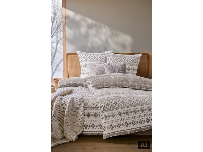 Lit douillet avec parure de lit douce de style scandinave et jeté de lit en maille.