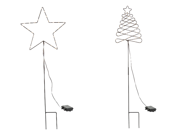 Deux piquets de jardin solaires à LED : un en forme d'étoile et un en forme de sapin de Noël.