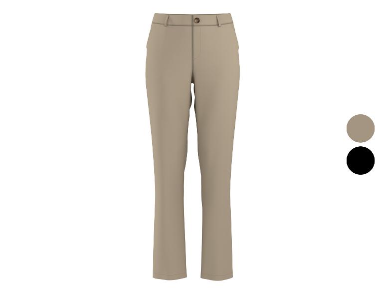 Pantalon beige avec bouton marron, disponible en beige et noir.