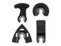 Quatre embouts noirs pour outils oscillants, dont une lame de scie pour le bois et une raclette.