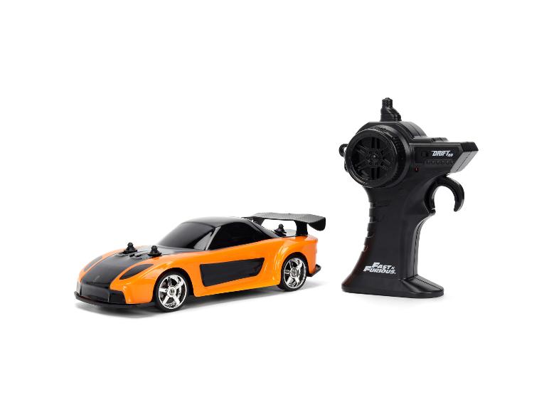 Voiture de course RC Fast & Furious orange et noire avec télécommande.