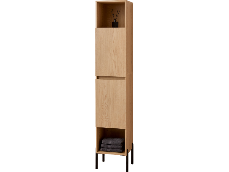 Meuble de salle de bain haut en bois avec pieds noirs.