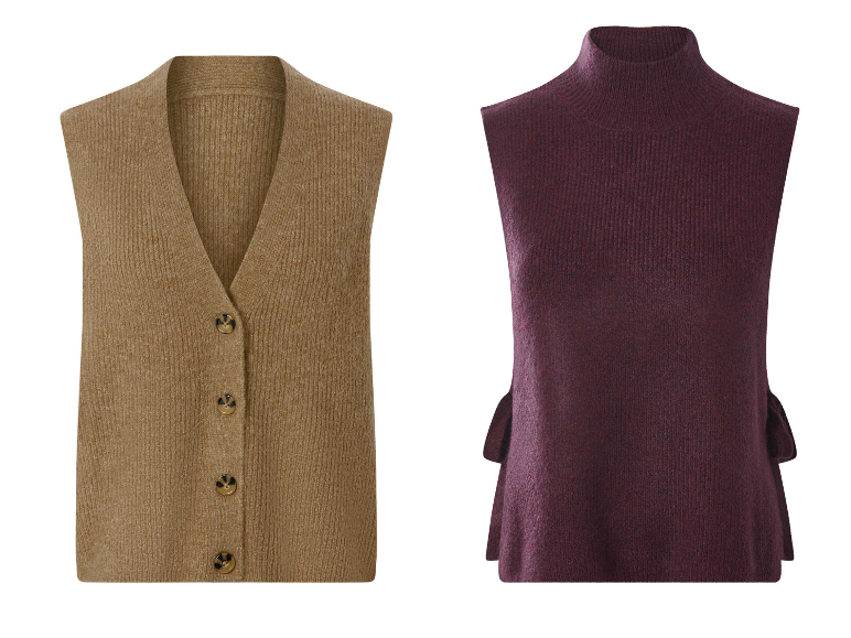 ESMARA® Pull sans manches en tricot pour femme en marron et bordeaux.