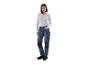 Femme en t-shirt blanc et pantalon de travail bleu