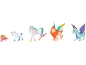 Figurines fantastiques colorées : un bébé griffon, une licorne, une licorne adulte, un griffon et un dragon.