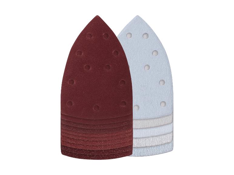Deux piles de feuilles abrasives delta rouges et blanches, avec trous d'extraction de poussière.