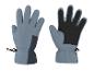 Gants de ski gris et noirs avec sangle réglable et boucle.