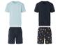 Pyjamas : t-shirt bleu clair et t-shirt foncé à poches, shorts assortis, un avec imprimé agrumes.