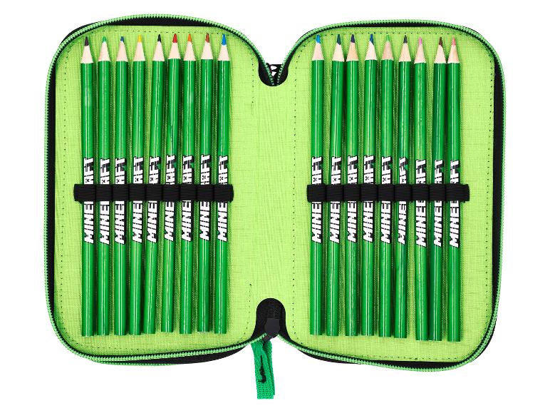 Trousse verte ouverte avec 24 crayons de couleur, chacun étiqueté « Minecraft ».