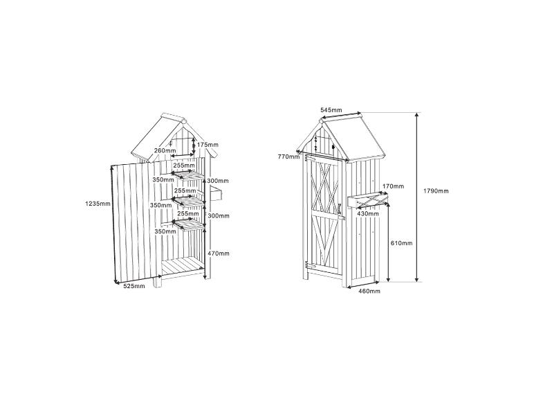 Schéma dimensionnel d'une armoire de jardin en bois et d'un système d'étagères.