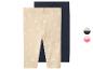Lot de 2 leggings bébé fille, un beige à motifs marguerites et un bleu marine uni.