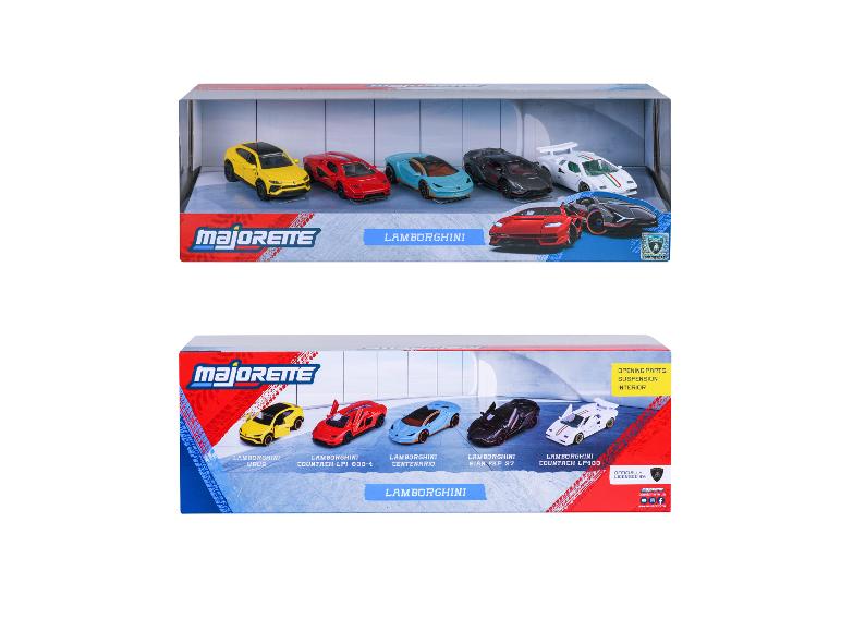 Deux ensembles de voitures jouets Majorette Lamborghini, présentant divers modèles.