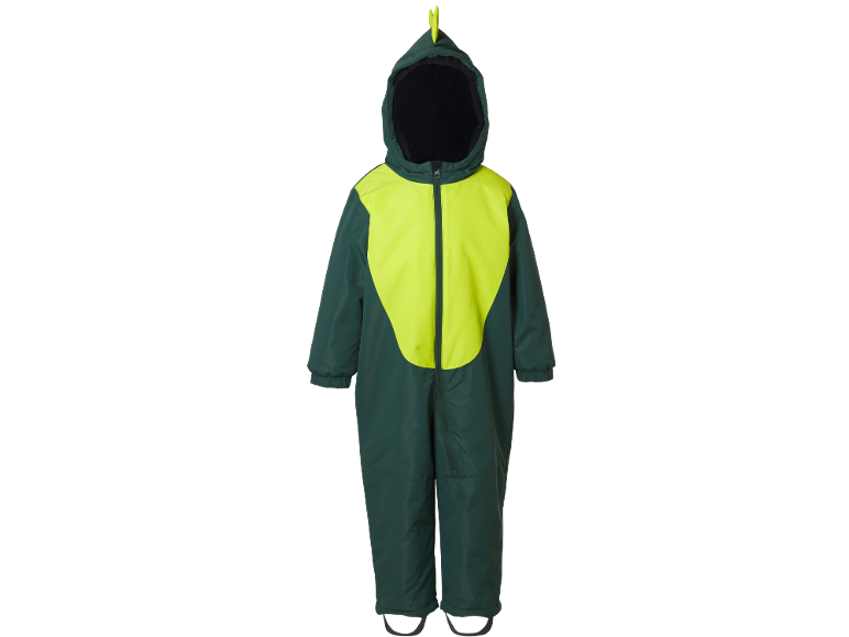 Combinaison de neige pour enfant vert foncé et jaune fluo avec capuche dinosaure.