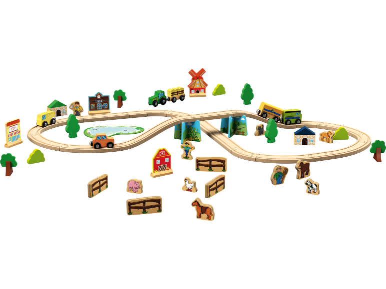 Ensemble de train jouet en bois avec animaux de la ferme, véhicules, bâtiments et arbres.