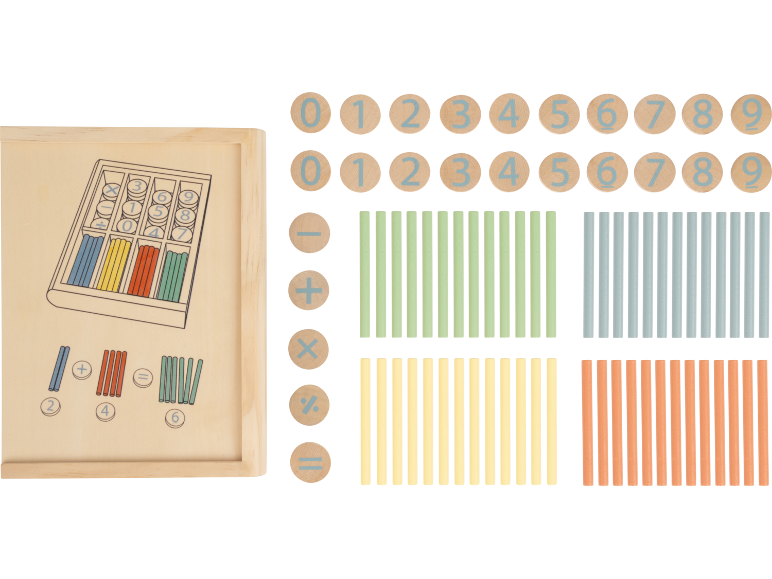 Ensemble d'apprentissage du calcul et des mathématiques en bois avec disques numérotés, symboles d'opérations et bâtonnets colorés.