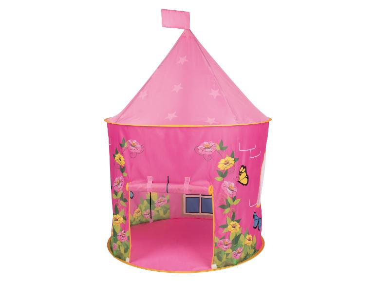 Tente de jeu rose pour enfants en forme de château, avec motifs floraux et de papillons.