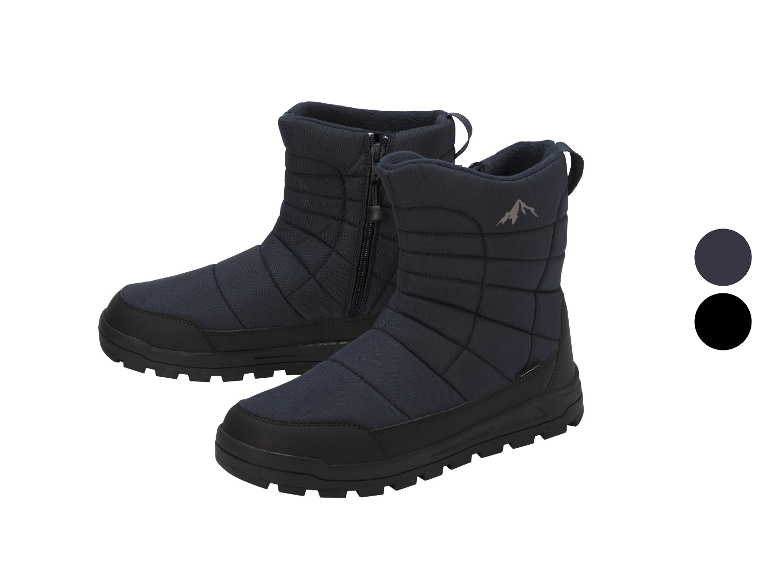 Bottes de neige zippées bleu foncé, avec un motif de montagne.