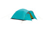 Une tente de camping bleue avec des cordes jaunes.