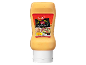 Bouteille de sauce peri-peri piquante avec étiquette montrant salade et bol de sauce, 255 g.