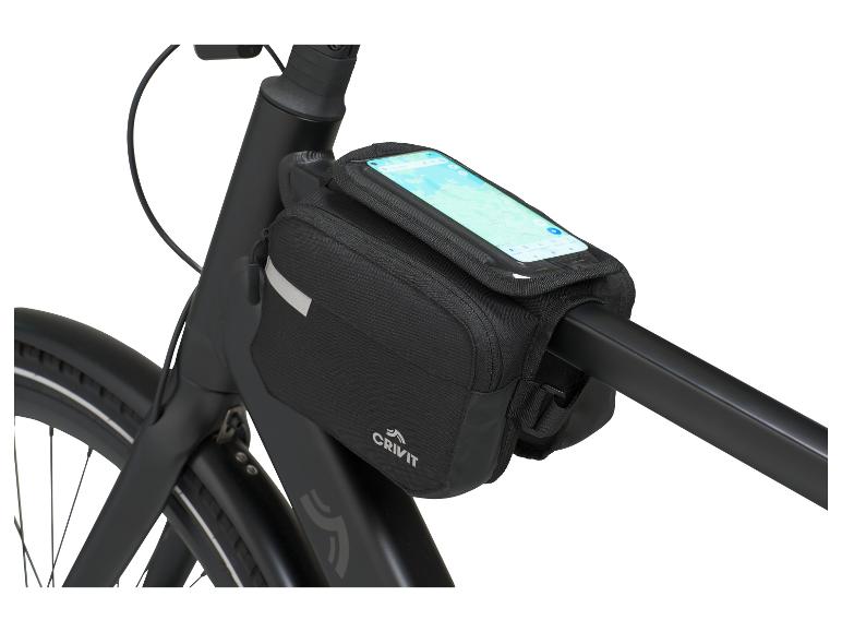 Une sacoche de vélo noire avec un support de téléphone de Crivit, fixée au guidon.