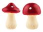 Deux champignons décoratifs en céramique, rouges à pois blancs.
