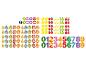 Ensemble d'images éducatives avec symboles mathématiques, mains comptant, fruits et chiffres colorés.