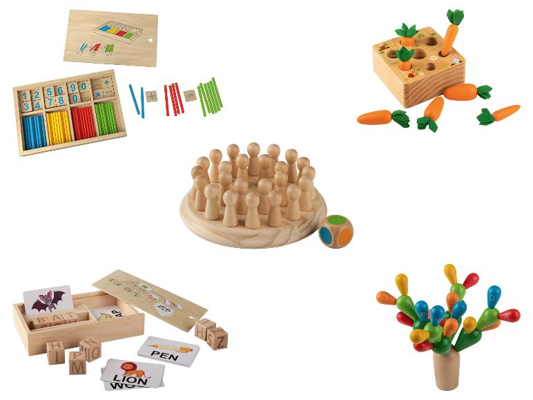 Jouets en bois pour enfants, comprenant un ensemble de comptage, un jeu de carottes, un jeu de chevilles, un jouet d'orthographe et un jeu d'équilibre de cactus.