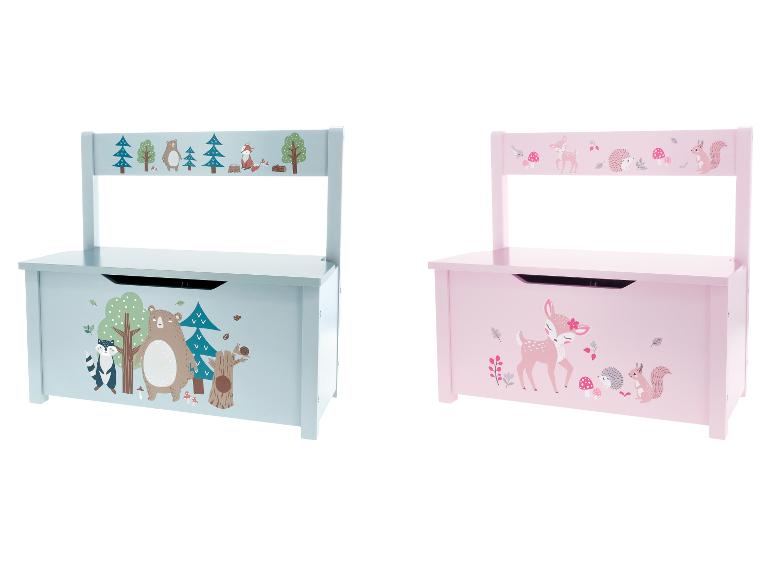 Deux bancs de rangement pour jouets avec dossier, un bleu avec animaux de la forêt, un rose avec des cerfs.