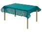 Nappe turquoise sur table en bois.