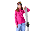 Fille en haut de ski rose, pantalon de ski bleu et lunettes, tenant un ski.
