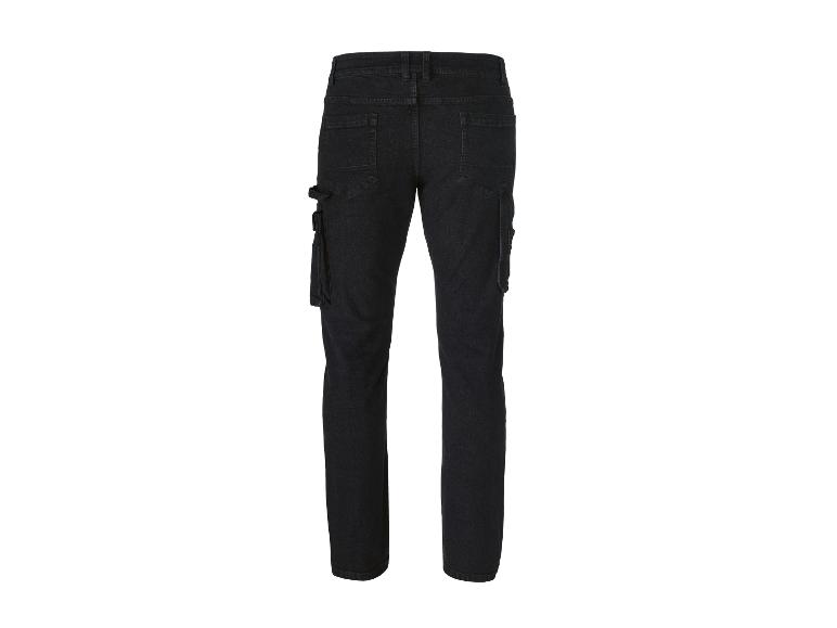 Jean cargo noir pour homme avec poches latérales et passants pour outils.