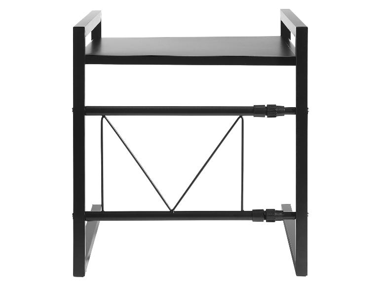 Étagère noire à deux niveaux avec structure métallique.