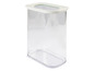 Un récipient de rangement transparent avec un couvercle blanc.