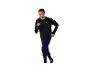 Homme en t-shirt de sport noir à manches longues et leggings de course bleus.